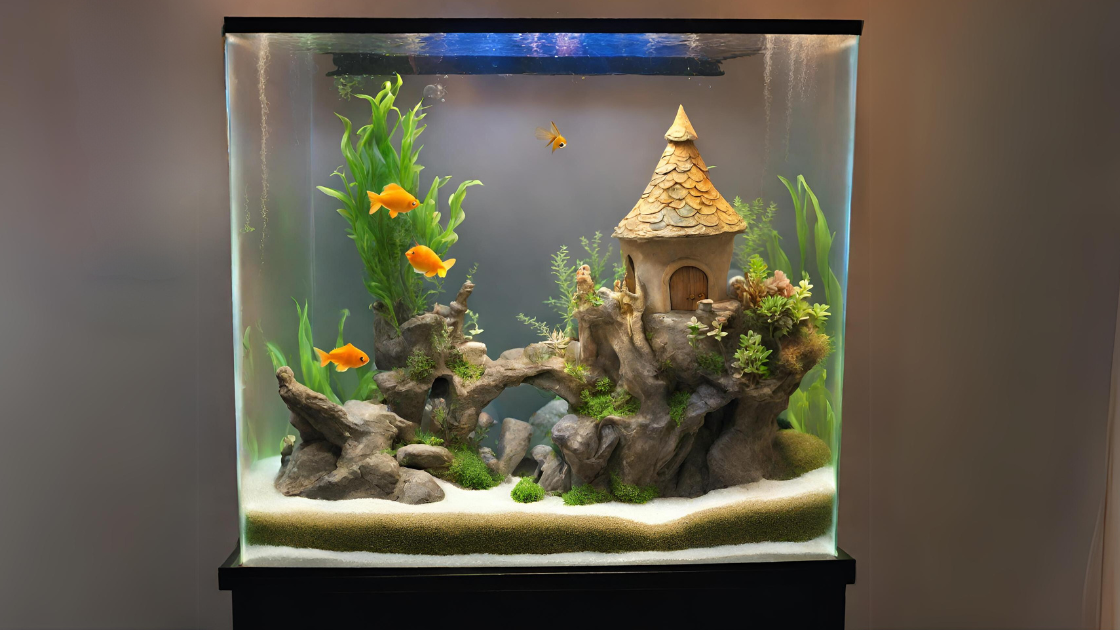 Fairy Tale aquatecture theme idea with castle on rock with plants with fish.