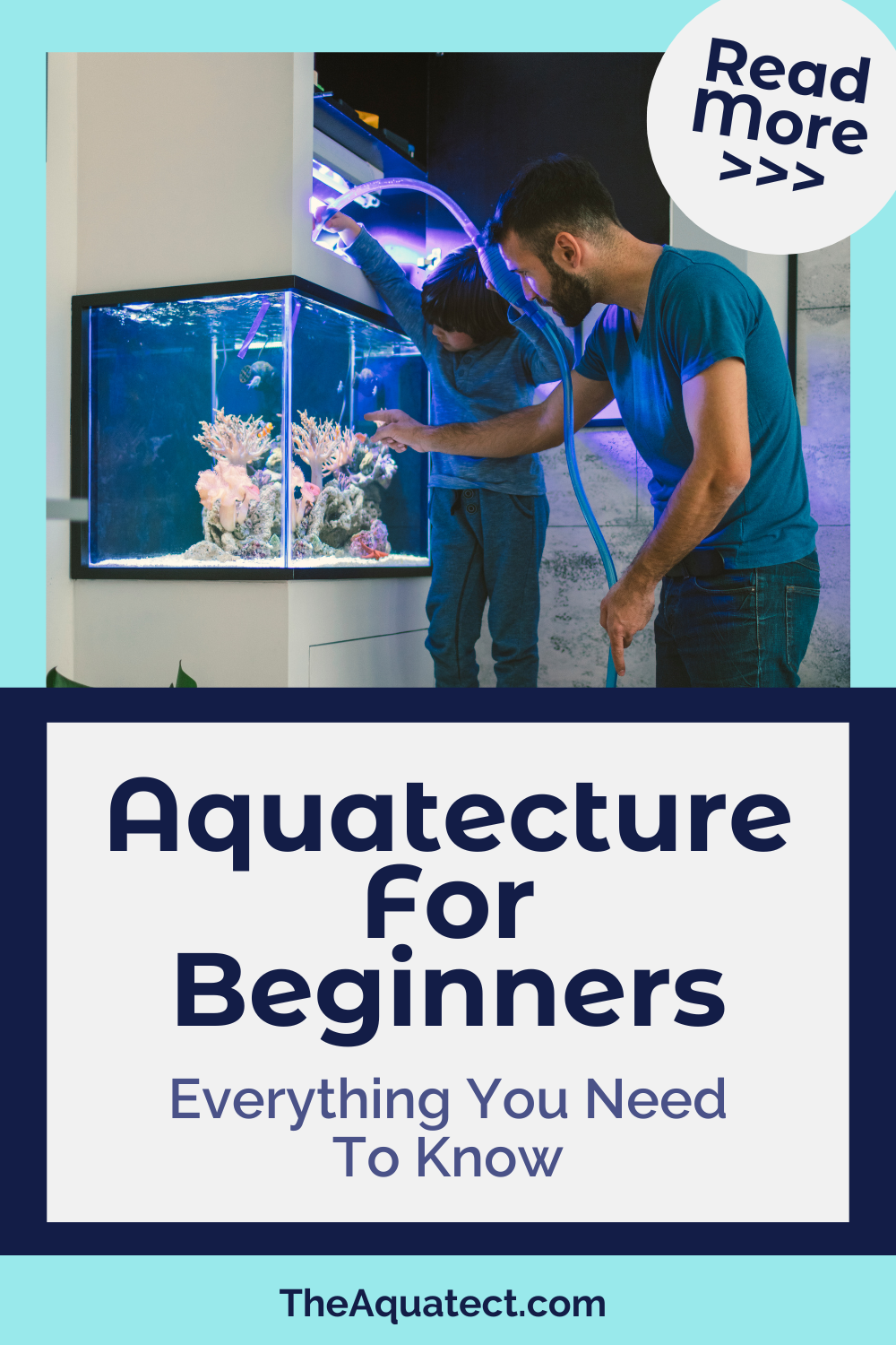 A father and son setting up an aquarium with coral and brightly colored fish.