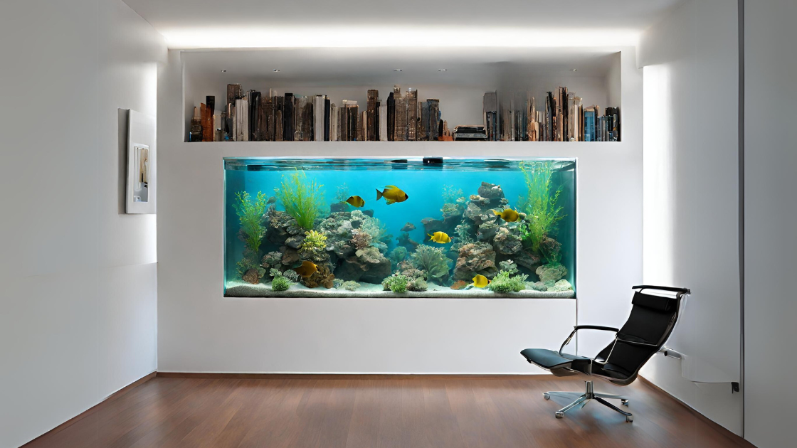 Aquatecture fish tank in a wall with a book shelf above it and a chair to enjoy the home decor.